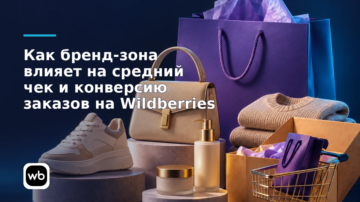 Обложка к инструкции «Как бренд-зона влияет на средний чек и конверсию заказов на Wildberries»: официальный логотип Wildberries и предметная сцена по теме.