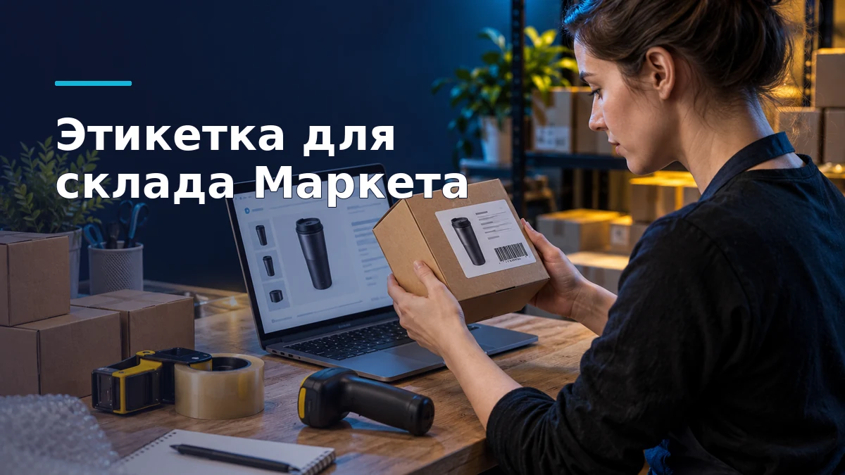 Сотрудник готовит товар к поставке на склад: рядом упаковка с этикеткой и открытая карточка товара для сверки данных