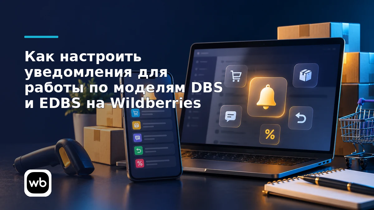 Обложка к инструкции «Как настроить уведомления для работы по моделям DBS и EDBS на Wildberries»: официальный логотип Wildberries и предметная сцена по теме.