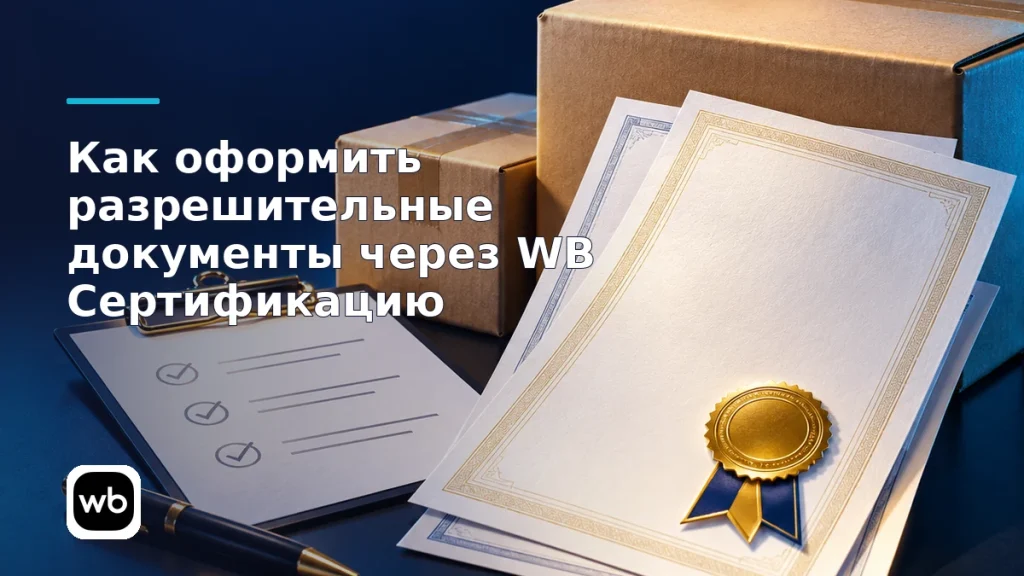 Обложка к инструкции «Как оформить разрешительные документы через WB Сертификацию»: официальный логотип Wildberries и предметная сцена по теме.