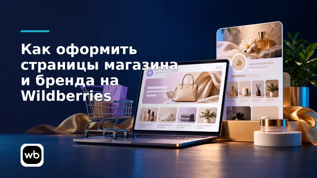 Обложка к инструкции «Как оформить страницы магазина и бренда на Wildberries»: официальный логотип Wildberries и предметная сцена по теме.
