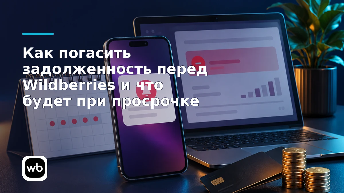 Обложка к инструкции «Как погасить задолженность перед Wildberries и что будет при просрочке»: официальный логотип Wildberries и предметная сцена по теме.