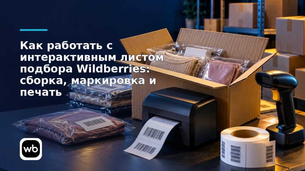 Обложка к инструкции «Как работать с интерактивным листом подбора Wildberries: сборка, маркировка и печать»: официальный логотип Wildberries и предметная сцена по теме.
