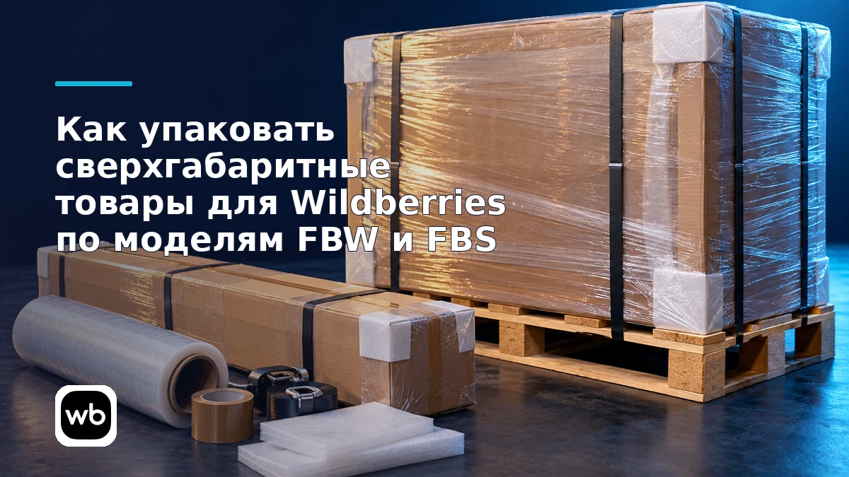 Обложка к инструкции «Как упаковать сверхгабаритные товары для Wildberries по моделям FBW и FBS»: официальный логотип Wildberries и предметная сцена по теме.