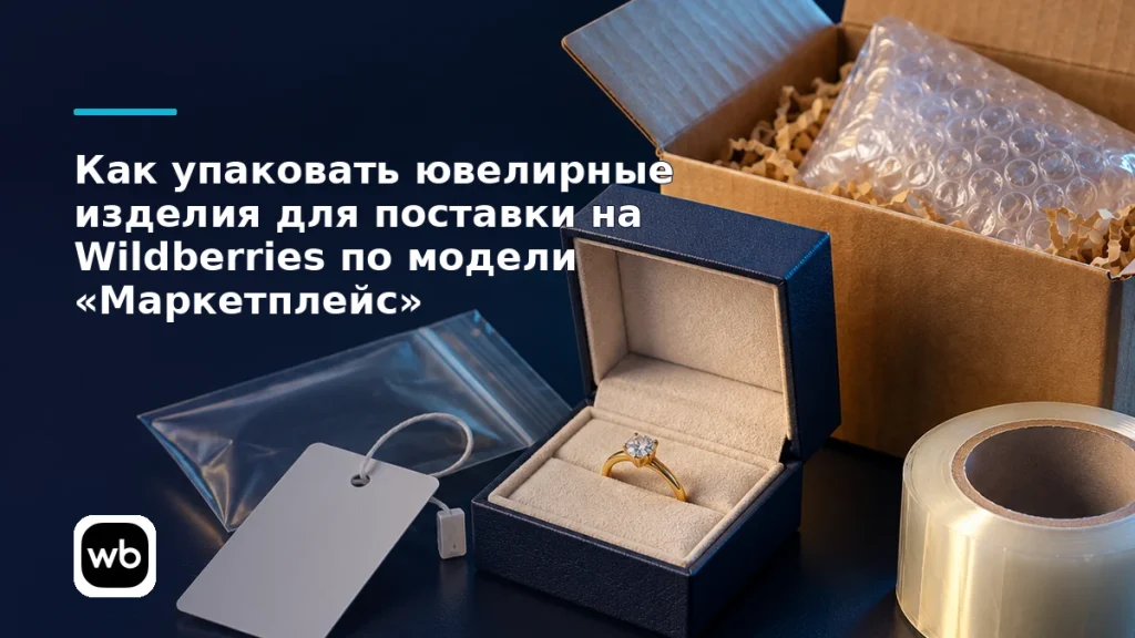 Обложка к инструкции «Как упаковать ювелирные изделия для поставки на Wildberries по модели «Маркетплейс»»: официальный логотип Wildberries и предметная сцена по теме.
