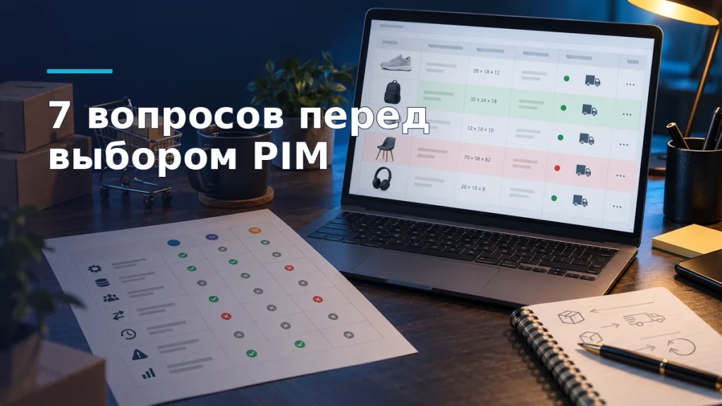 Продавец сравнивает PIM-системы по семи вопросам; на экране — массовое изменение габаритов товаров и ошибки отправки