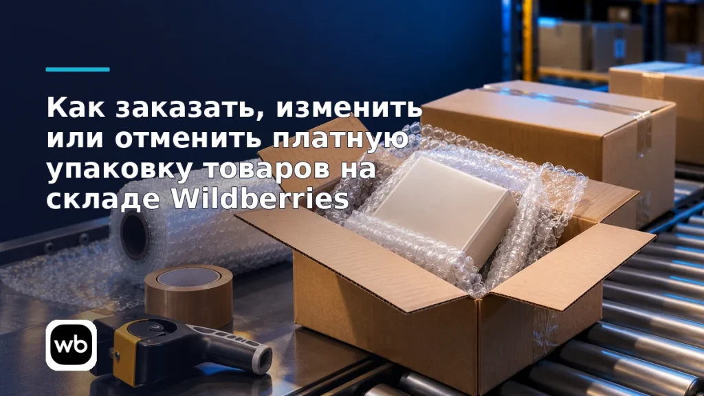 Обложка к инструкции «Как заказать, изменить или отменить платную упаковку товаров на складе Wildberries»: официальный логотип Wildberries и предметная сцена по теме.