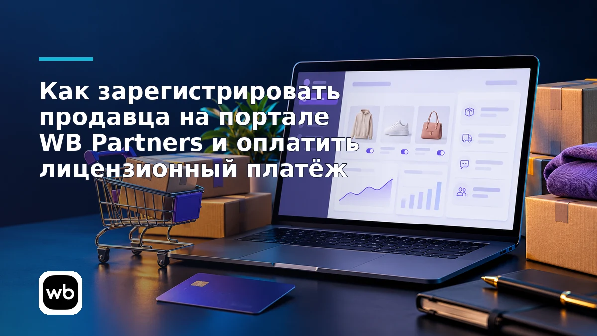 Обложка к инструкции «Как зарегистрировать продавца на портале WB Partners и оплатить лицензионный платёж»: официальный логотип Wildberries и предметная сцена по теме.