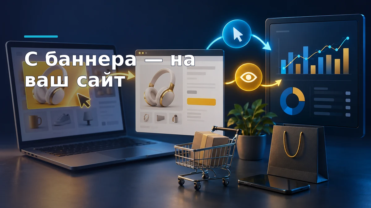 Схема перехода с баннера Маркета на сайт магазина с отдельным учётом кликов и показов