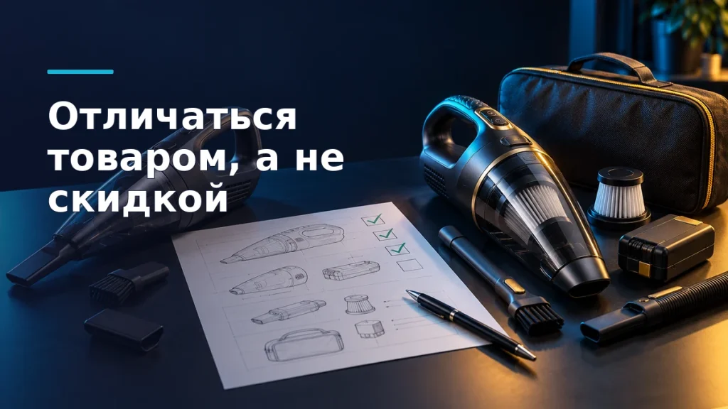 Две версии автомобильного пылесоса рядом: исходная модель и доработанный комплект с фильтром, аккумулятором и сумкой для хранения