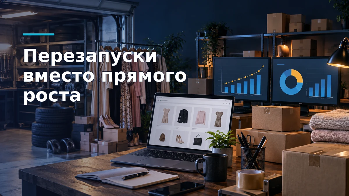 Гараж с женской одеждой, ноутбук с интернет-магазином и рабочий стол продавца с отдельными диаграммами выручки и прибыли