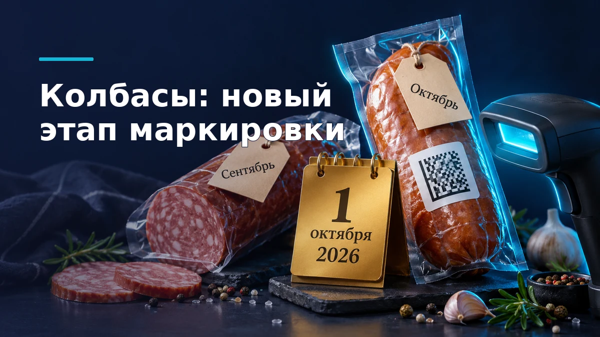 Две упаковки колбасы из сентябрьской и октябрьской партий рядом с календарём «1 октября 2026»; на новой упаковке виден код маркировки