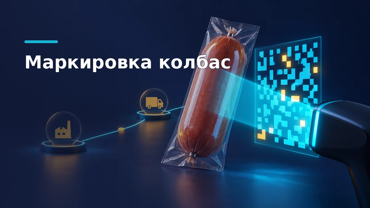 Упакованная колбаса рядом с абстрактным кодом маркировки и линией проверки товара