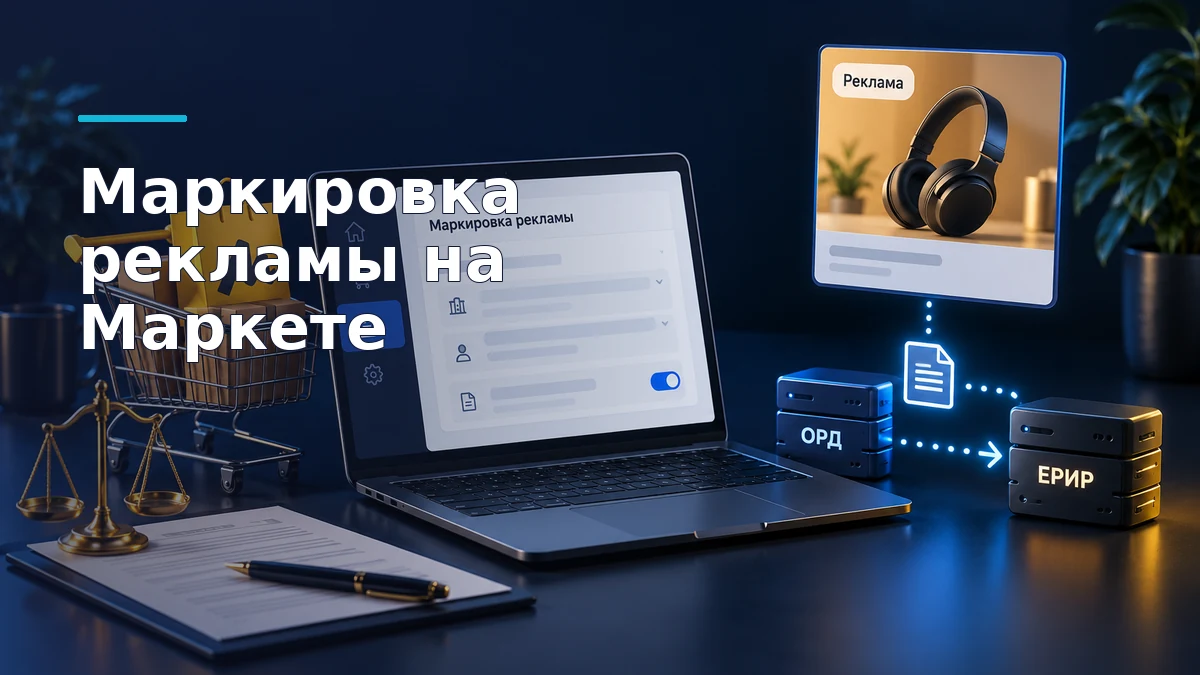 Ноутбук с формой данных для маркировки рекламы, баннер с пометкой «Реклама» и схема ОРД → ЕРИР