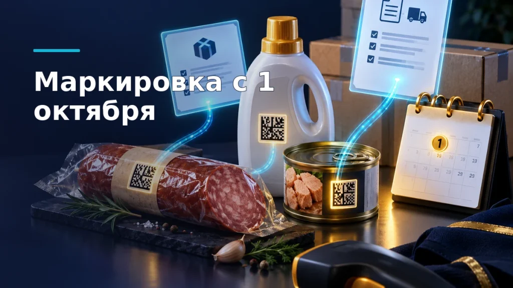 Объёмная иллюстрация упаковки колбасного изделия, хозяйственного товара и банки консервов с кодами маркировки; рядом заказ FBS и документ УПД для FBY.