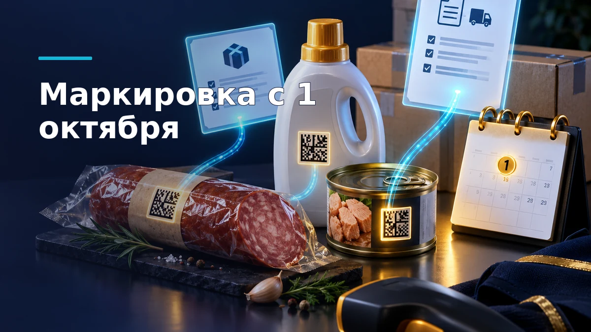 Объёмная иллюстрация упаковки колбасного изделия, хозяйственного товара и банки консервов с кодами маркировки; рядом заказ FBS и документ УПД для FBY.
