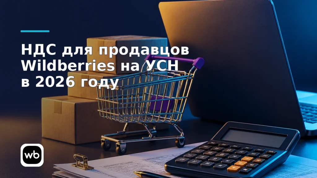 Обложка к инструкции «НДС для продавцов Wildberries на УСН в 2026 году»: официальный логотип Wildberries и предметная сцена по теме.
