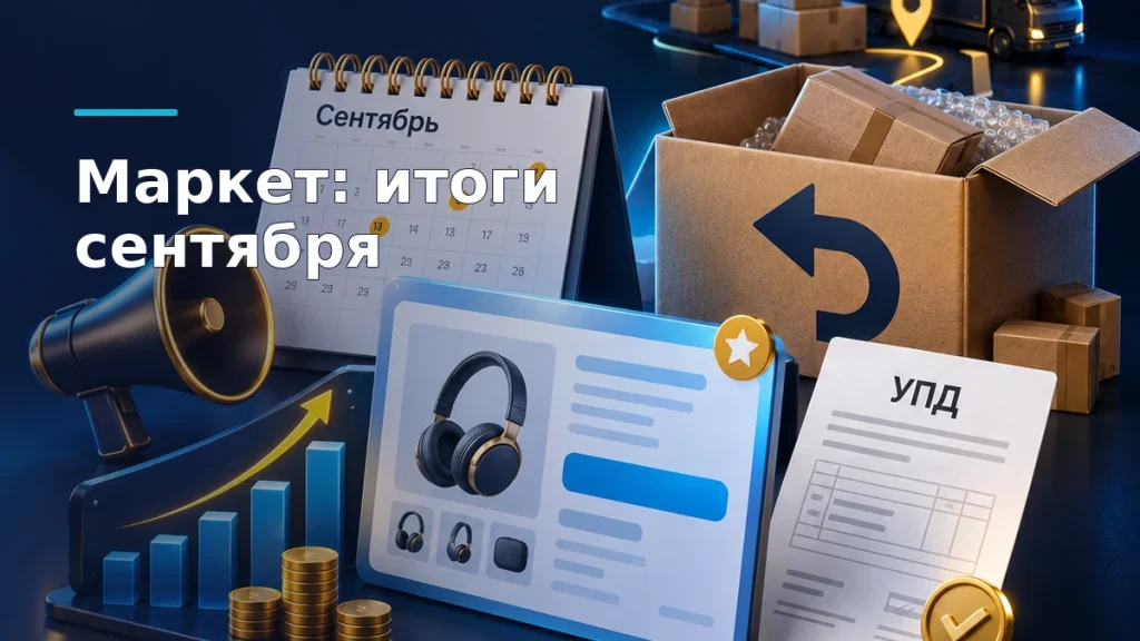 Объёмный календарь сентября рядом с карточкой товара, рекламным бюджетом, коробкой возврата и документом УПД на тёмно-синем фоне