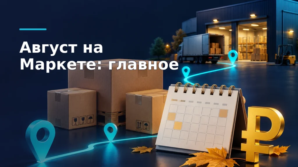 Объёмная иллюстрация августовских новостей Яндекс Маркета: складские коробки, маршрут поставки, календарь сентября и символ выплаты на тёмно-синем фоне.