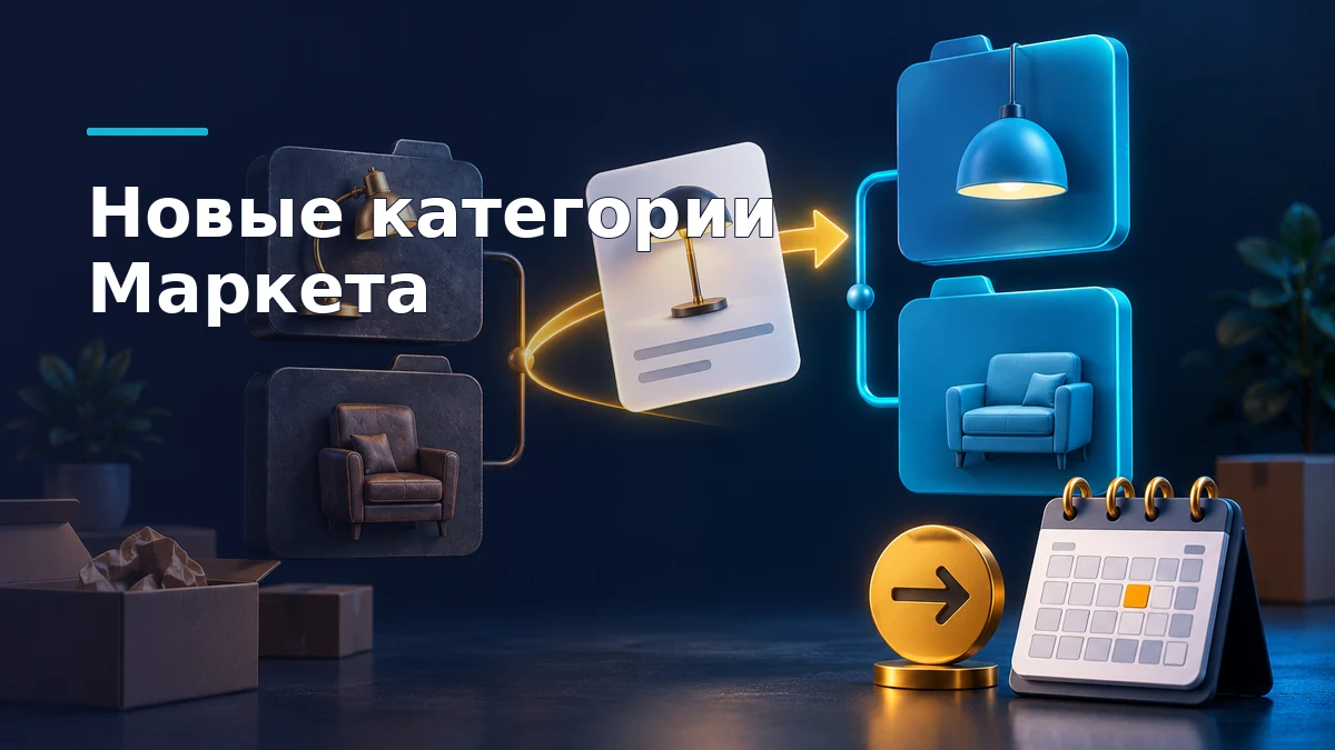 Объёмная схема переноса карточки товара из старой категории в новую на тёмно-синем фоне, с голубыми связями и золотой отметкой даты переноса