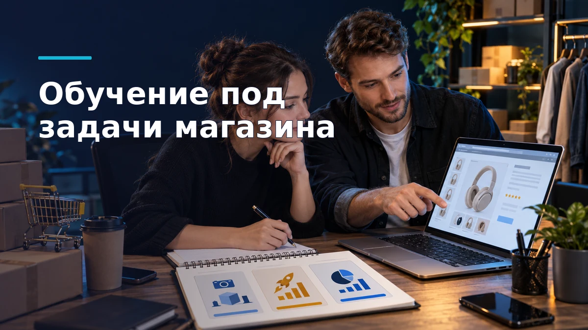 Продавец и начинающий менеджер сопоставляют программу курса с задачами магазина: карточки товаров, продвижение и анализ продаж