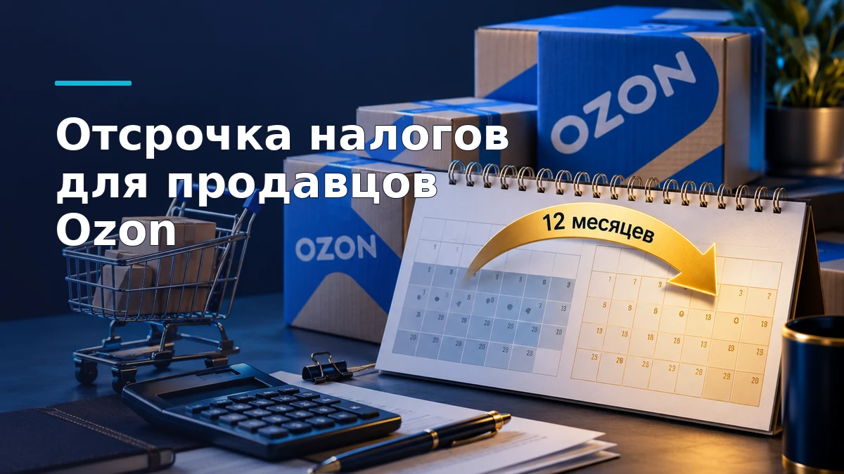 Календарь налоговых платежей продавца Ozon со стрелкой переноса на 12 месяцев рядом с коробками товаров