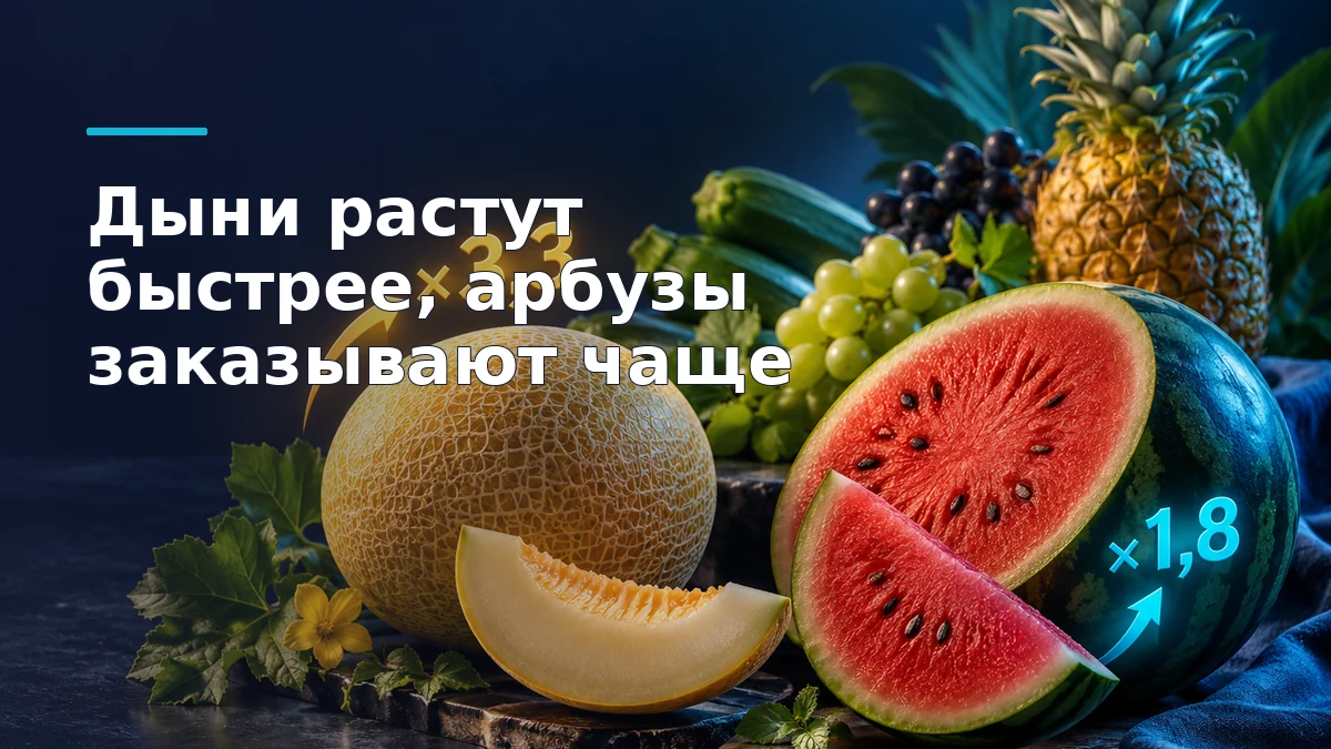 Арбуз и дыня рядом с кабачками и свежими фруктами — товары, спрос на которые вырос в Ozon fresh летом 2026 года