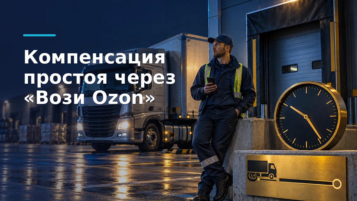 Грузовик ожидает у разгрузочного дока логистического центра; рядом водитель со смартфоном и часы.