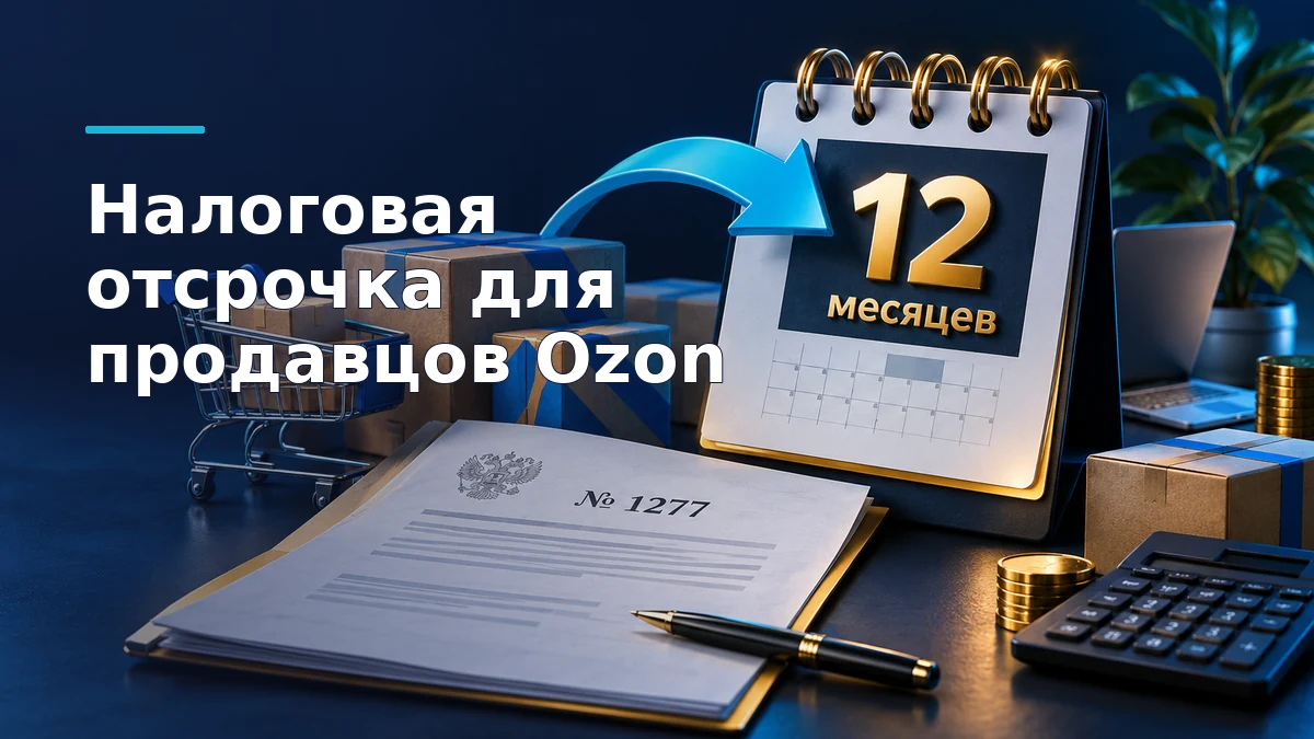Объёмная иллюстрация налоговой отсрочки для продавцов Ozon: календарь с переносом на 12 месяцев, коробки товаров и документ № 1277 на тёмно-синем фоне