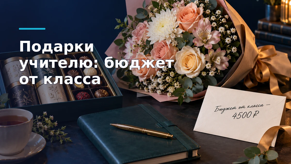 Букет, подарочный набор чая и конфет и ежедневник рядом с конвертом с надписью «Бюджет от класса — 4500 ₽»