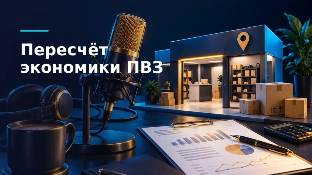 Микрофон рядом с макетом пункта выдачи заказов и листом финансовых расчётов на тёмно-синем фоне с голубыми и золотистыми акцентами