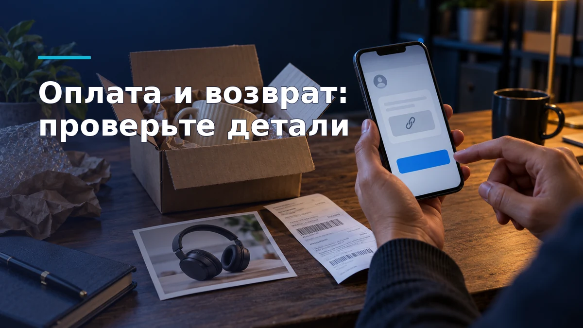 Продавец сравнивает содержимое возвратной коробки с фотографией отправленного товара; рядом телефон с подозрительным предложением оплаты и транспортный чек.