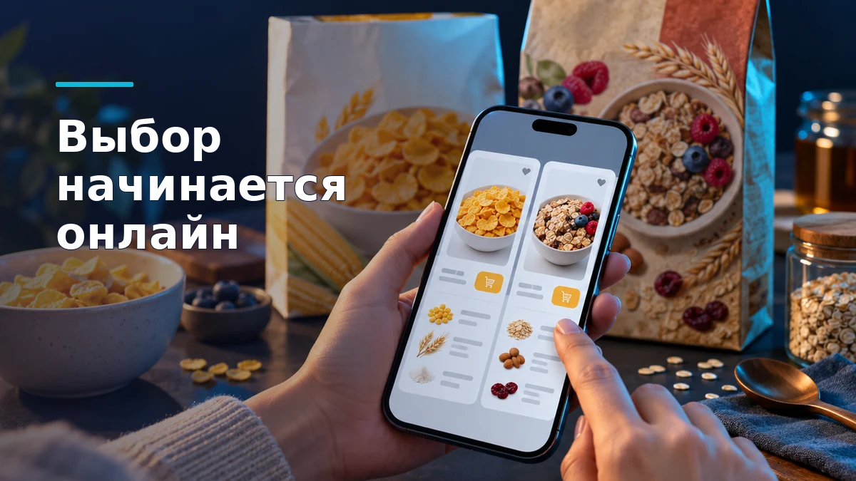 Покупатель сравнивает на смартфоне цену и состав двух товаров повседневного спроса; рядом стоят их упаковки без логотипов.