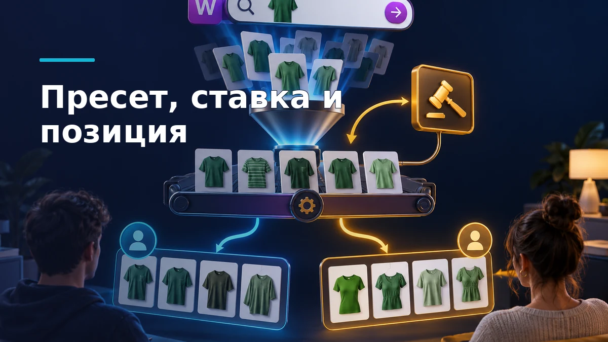 Схема отбора карточек по запросу «зелёная футболка» и двух персонализированных поисковых выдач Wildberries