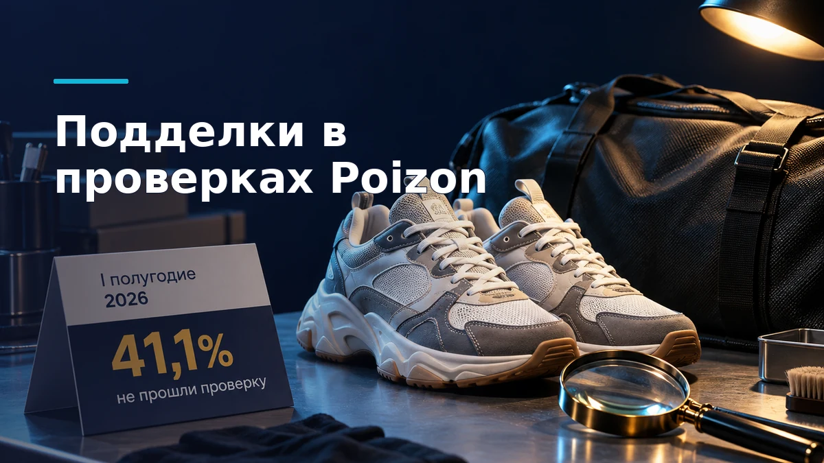 Кроссовки и сумка на столе для осмотра рядом с лупой и карточкой результатов проверок Poizon за первое полугодие 2026 года