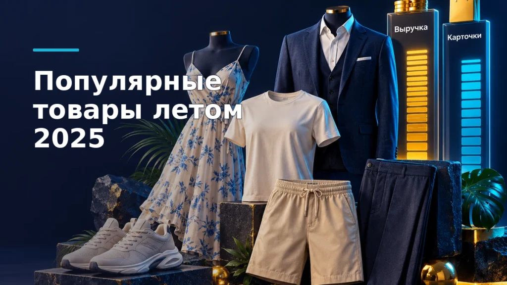 Платье, футболка, костюм, брюки, кроссовки и шорты рядом с таблицей показателей Wildberries за подборку на июль 2025 года