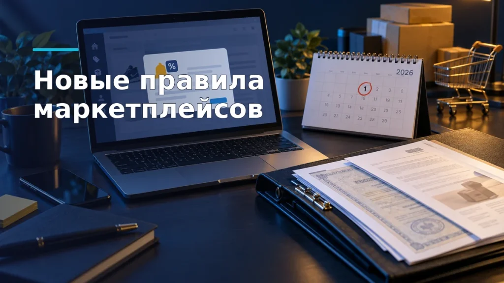 Продавец сверяет уведомление маркетплейса об изменении комиссии и документы на товары рядом с ноутбуком