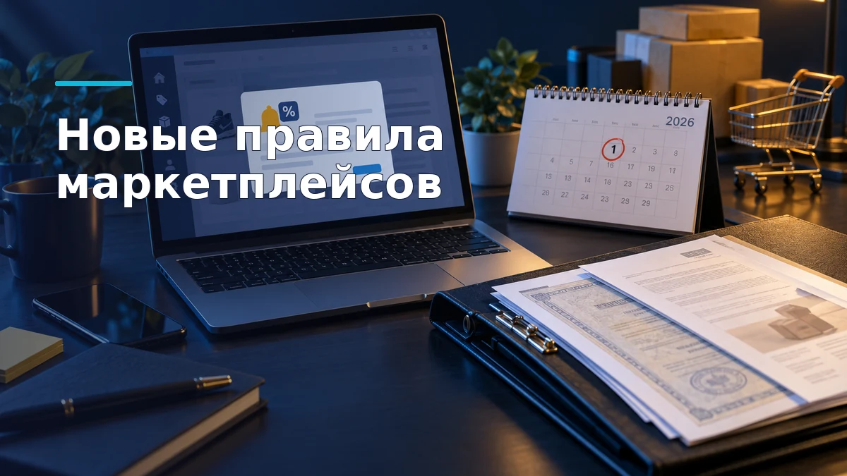 Продавец сверяет уведомление маркетплейса об изменении комиссии и документы на товары рядом с ноутбуком