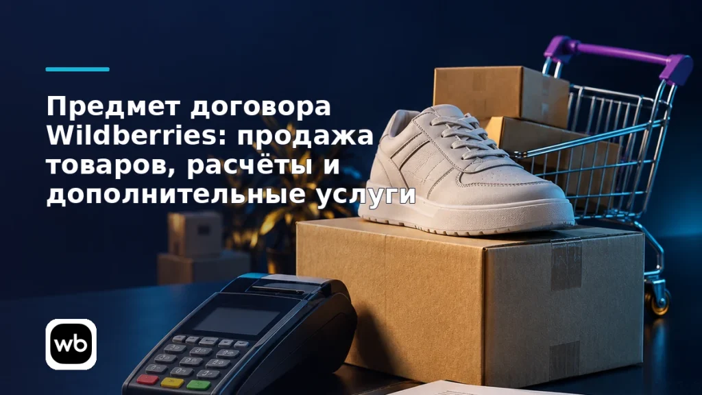Обложка к инструкции «Предмет договора Wildberries: продажа товаров, расчёты и дополнительные услуги»: официальный логотип Wildberries и предметная сцена по теме.