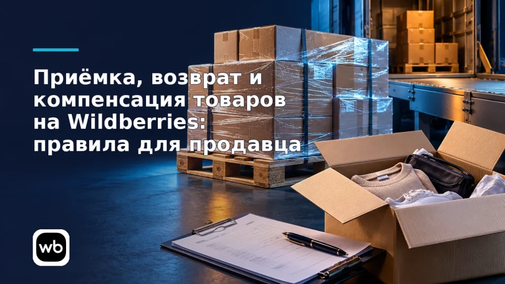 Обложка к инструкции «Приёмка, возврат и компенсация товаров на Wildberries: правила для продавца»: официальный логотип Wildberries и предметная сцена по теме.