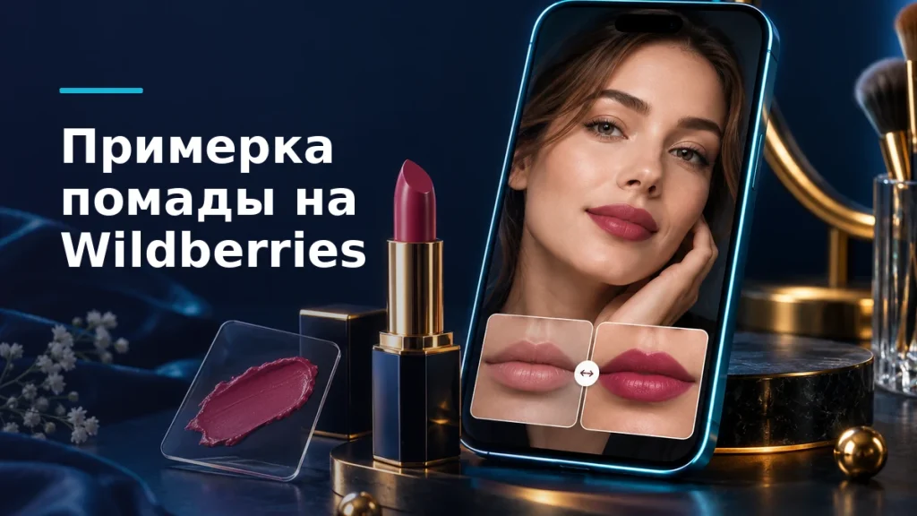 Смартфон с виртуальной примеркой оттенка на губах, помада и ягодный свотч на тёмно-синем фоне.