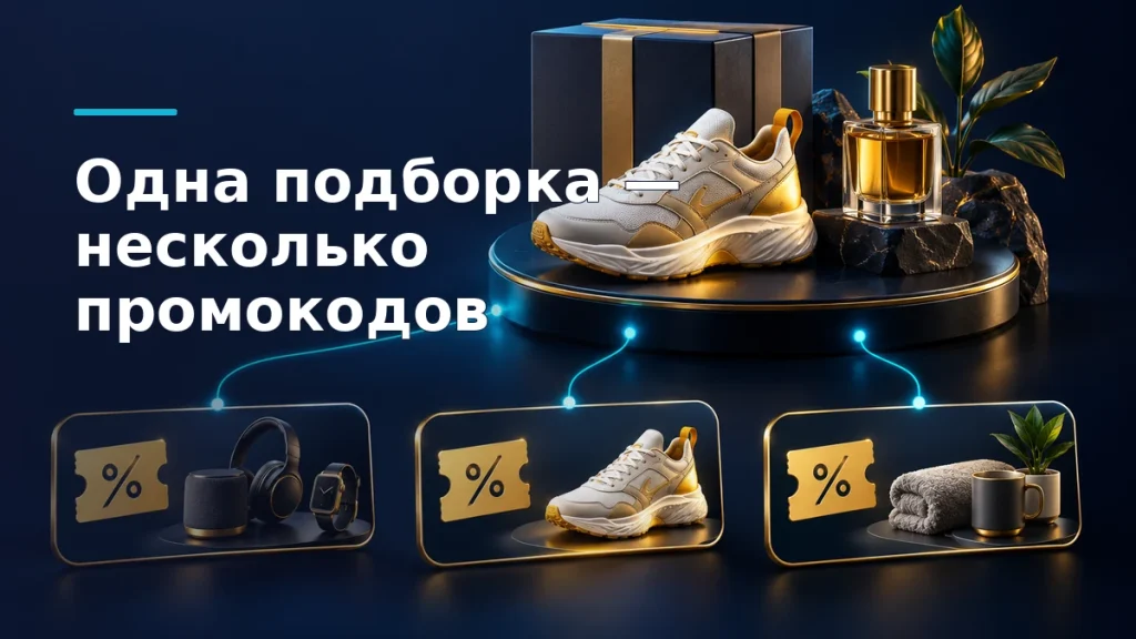 Объёмная подборка товаров, связанная с тремя карточками промокодов, на тёмно-синем фоне с бирюзовыми связями и золотыми акцентами