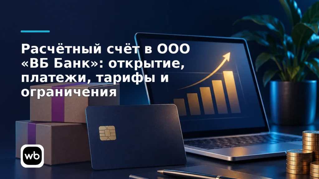 Обложка к инструкции «Расчётный счёт в ООО «ВБ Банк»: открытие, платежи, тарифы и ограничения»: официальный логотип Wildberries и предметная сцена по теме.