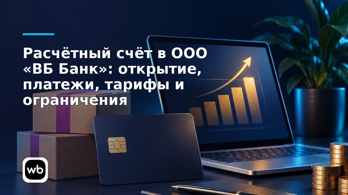 Обложка к инструкции «Расчётный счёт в ООО «ВБ Банк»: открытие, платежи, тарифы и ограничения»: официальный логотип Wildberries и предметная сцена по теме.