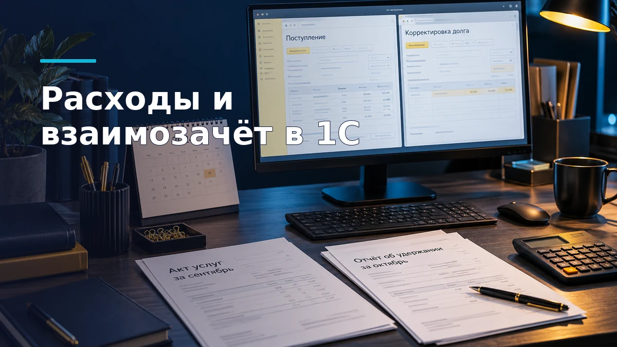 Акт услуг за сентябрь и отчёт об удержании за октябрь 2024 года рядом с документами «Поступление» и «Корректировка долга» на экране