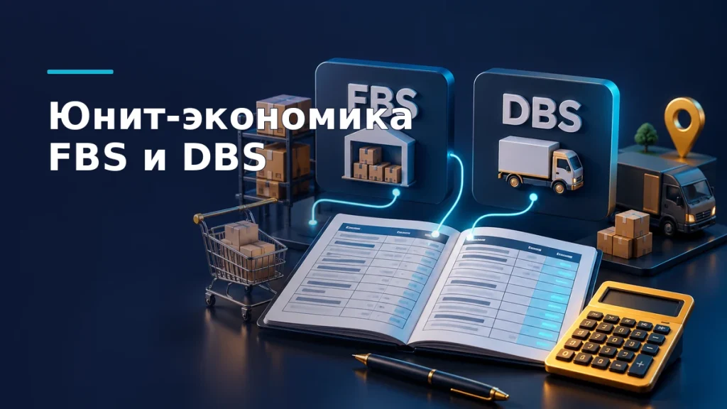 Объёмные карточки FBS и DBS рядом с таблицей расчёта на тёмно-синем фоне с бирюзовыми и золотыми акцентами