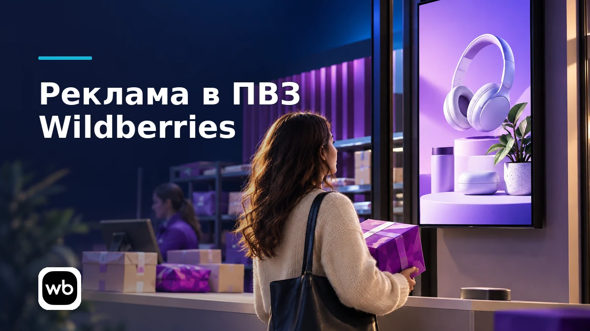 Обложка к инструкции «Реклама в ПВЗ Wildberries»: официальный логотип Wildberries и предметная сцена по теме.