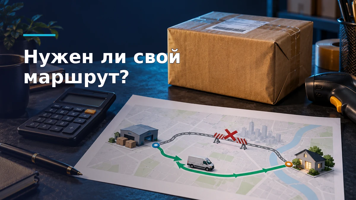 Упакованный заказ, калькулятор и схема основного и резервного маршрутов от склада к покупателю