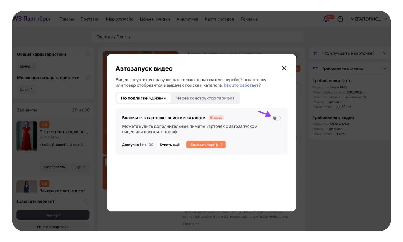 Окно Автозапуск видео на вкладке Джем с выключенным переключателем
