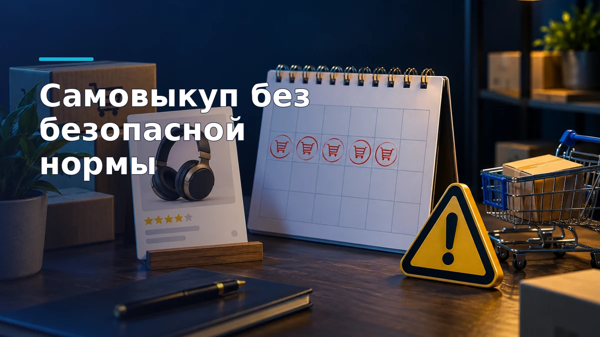 Карточка товара Ozon рядом с календарём искусственных покупок и предупреждением: пять выкупов в день не являются безопасной нормой
